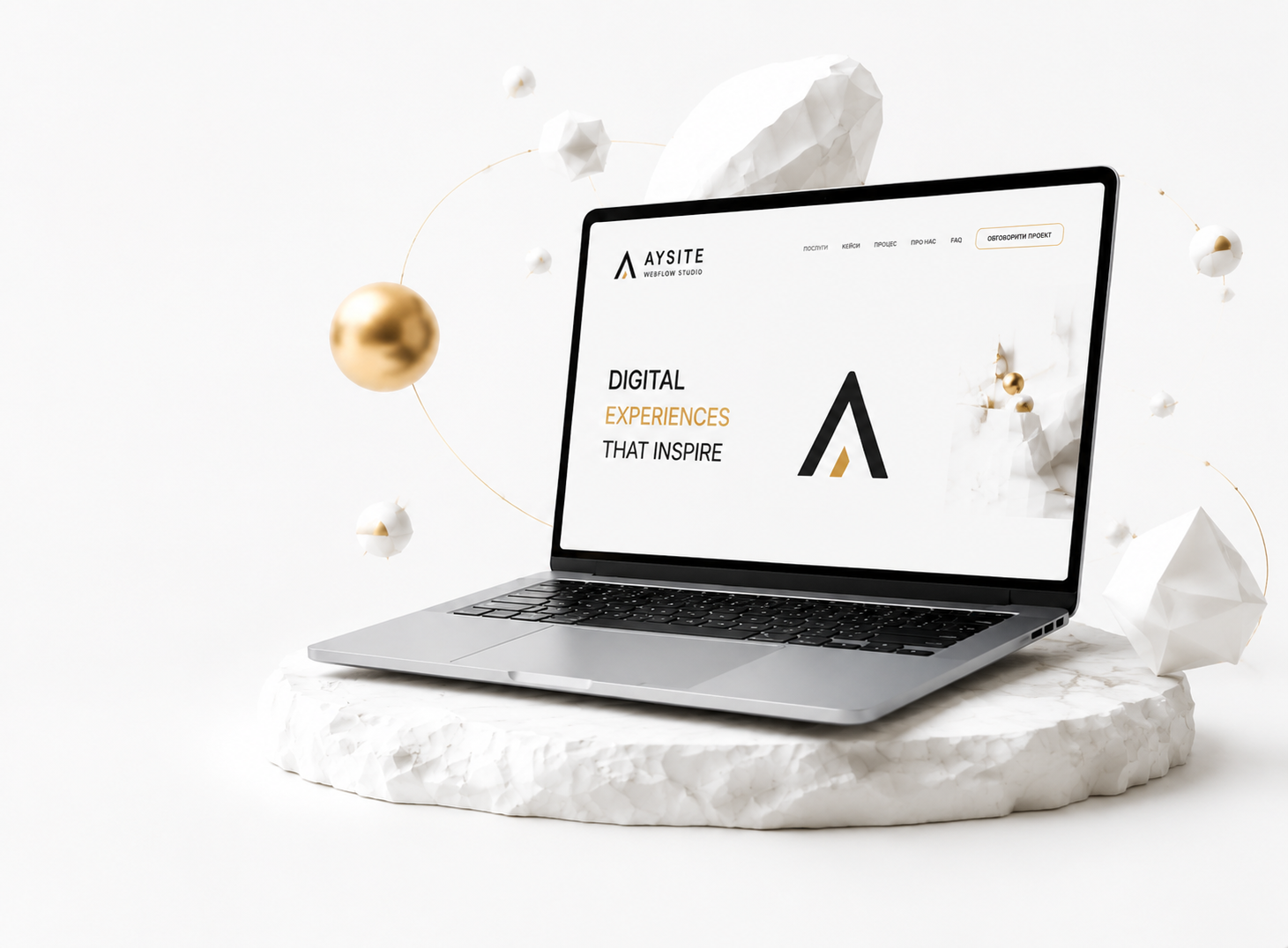 3D-композиція: ноутбук MacBook із сайтом AYSiTE на мармуровій платформі, золоті сфери та білі абстрактні камені